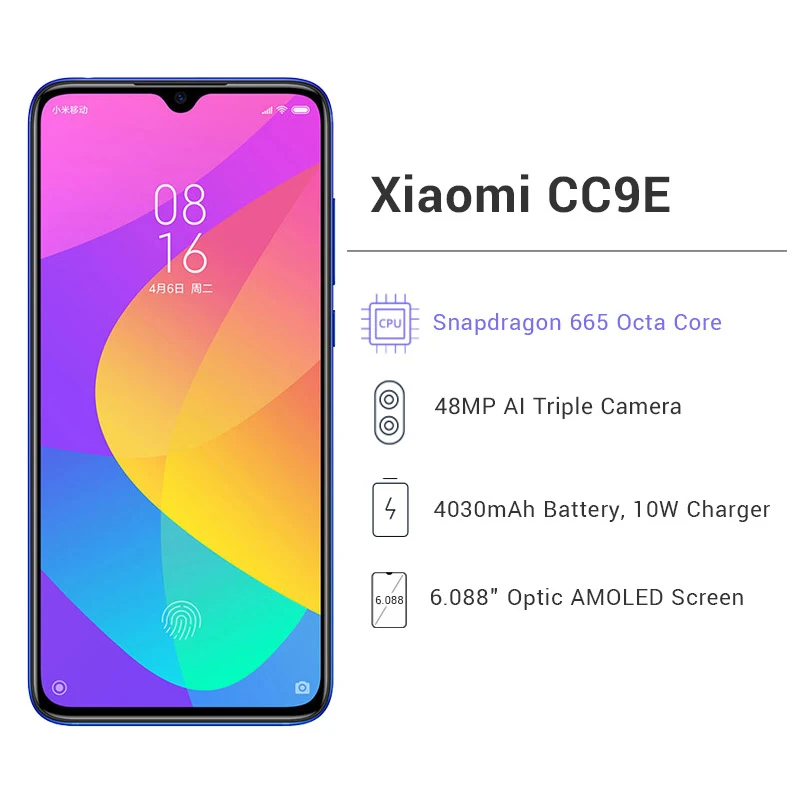 Xiaomi Mi, CC9e, 6 ГБ ОЗУ, 64 Гб ПЗУ, мобильный телефон, CC 9E, Snapdragon 665, четыре ядра, 6,088 дюймов, полный экран, 48 Мп+ 32 МП камера, 4030 мАч