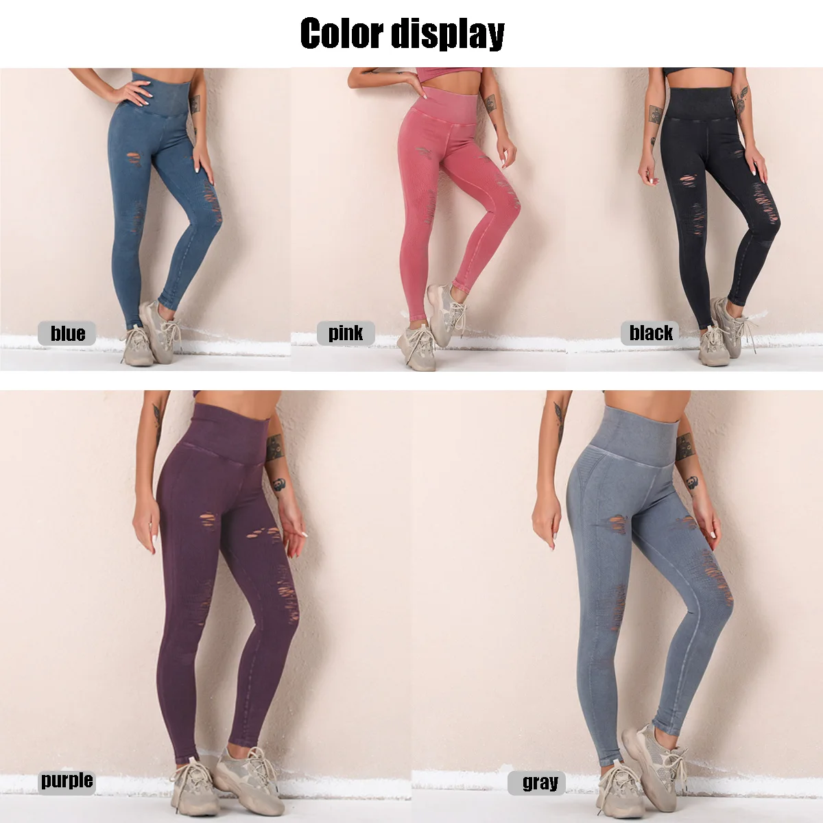 

New Washed Seamless Yoga Pants With Holes High Waisted Sports Leggings Ankle Length Pants Fitness Pants Running Legging