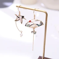 chinese style folding fan modeling crane cloud hanging dangle earrings for women hollow asymmetric drop earring national jewelry