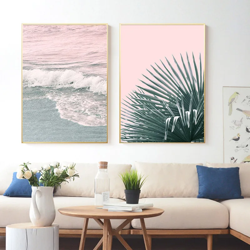 Минималистичный розовый пляжный холст с изображением океанских волн Настенный