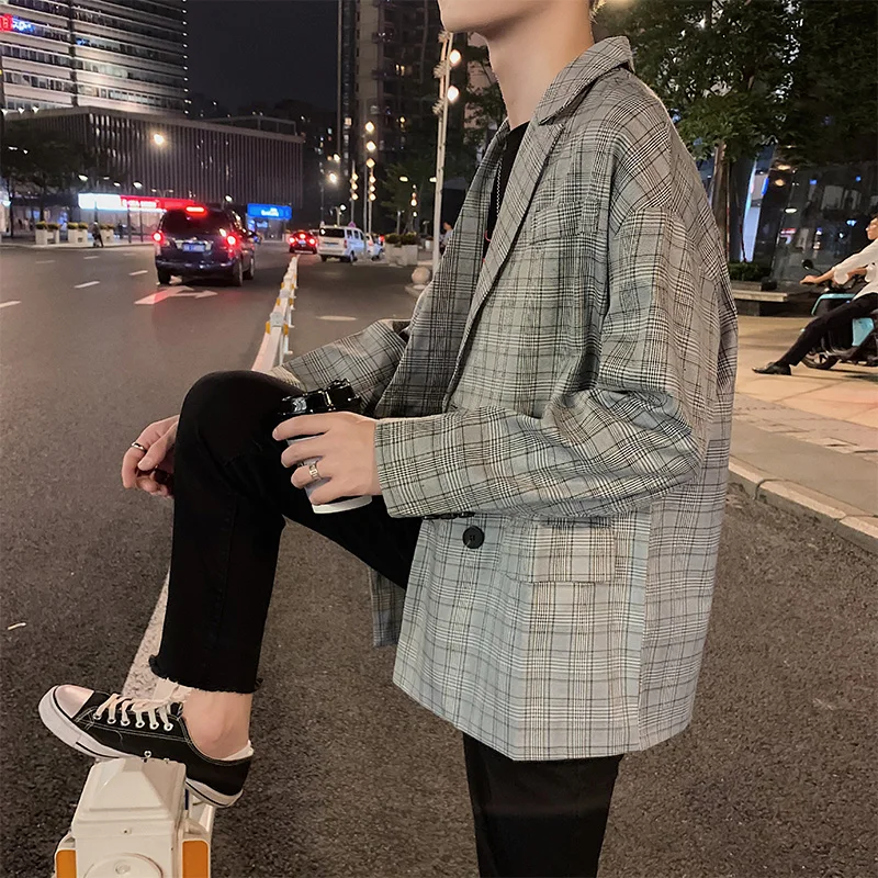 

Blazers Men Gray Plaid Double Breasted Korean Style Chic Leisure Outwears Loose Fashion Students Teens Thin All-match Streetwear