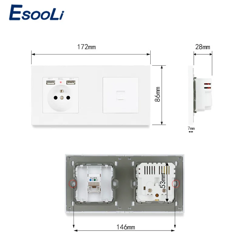 ESOOLI French Standard Electric Socket with 2 USB Charge Port +1 Gang RJ11 Telephone Connector PC Plastic Panel 172*86mm | Обустройство