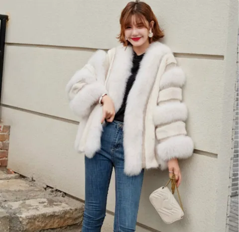 white fox and mink Женская шуба OFTBUY, с натуральными меховыми полосками из лисы и норки, теплая зимняя куртка, плотная уличная одежда - Цвет: white fox and mink