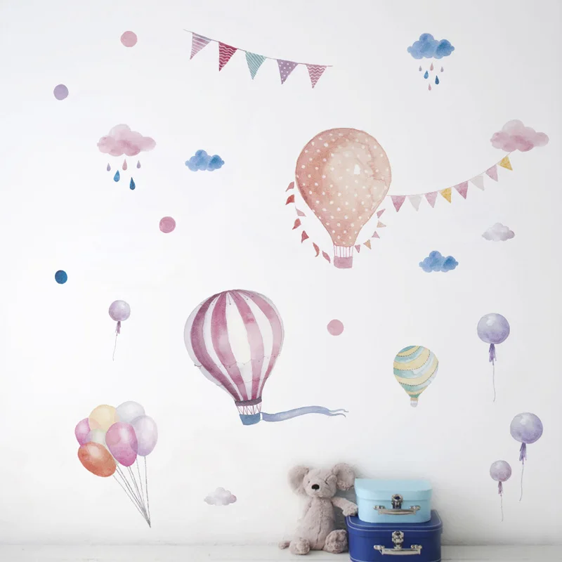 

New Cartoon Hot Air Balloon Clouds Wall Sticker For Kids Room Graffiti Birthday Party Decoration For Living Room Art Mural