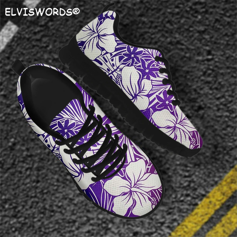 

ELVISWORDS Tropical Hibiscus Printing Flats Women's Shoes Summer Lace up Casual Sneakers Comfortable Light Shoes Zapatos Planos