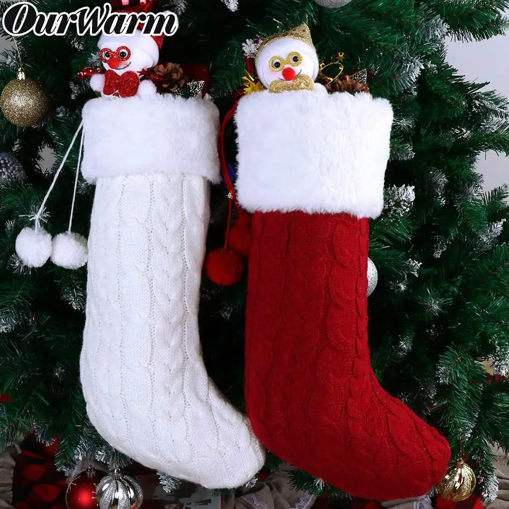 

OurWarm Christmas Knitted Stockings Candy Gift Bag Fireplace Xmas Tree Hanging Ornaments Christmas Decoration for Home Red/Ivory