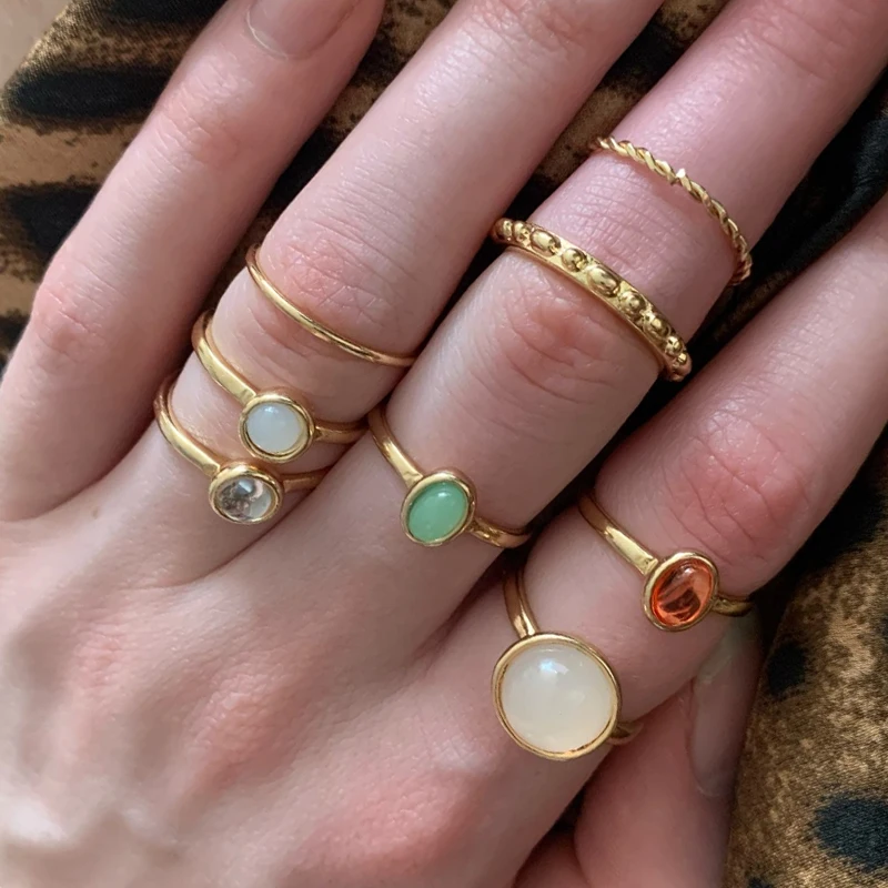 

2021 Vintage Summer 8Pcs/Set Fairy Friends Colorful Stone Metal Fashion Finger Rings Korea Hit Rings for Women Girl Party Gift