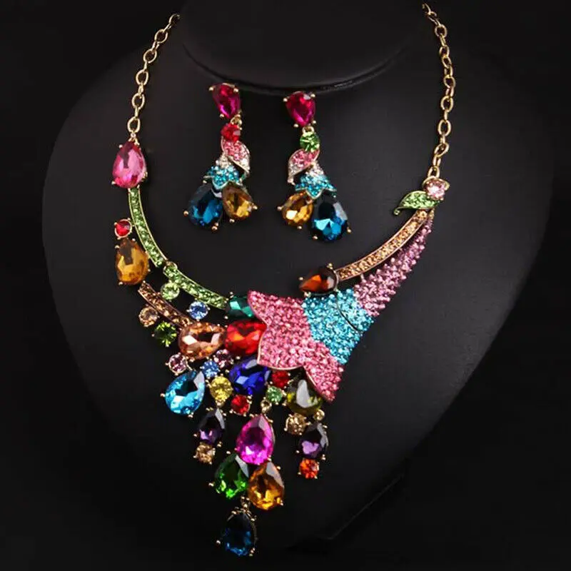 Fashion Crystal Necklace Earring Bridal Women Party Rhinestone Jewelry Set Multicolor Gem Statement Choker Indian Luxury Collars | Украшения