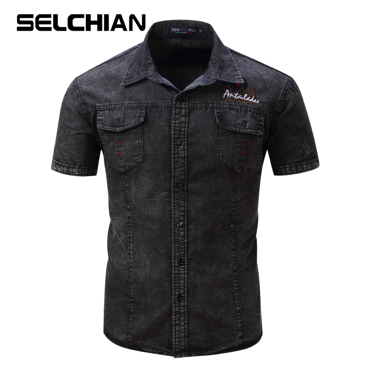 

Men's Shirt Short Sleeve Denim Shirt Mens Casual Dress Male Jean Slim Fit Cargo Military Shirts High Quality 100% Cotton