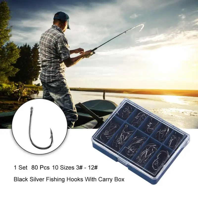 

Carbon Steel Fishing Hook Fishhooks 80Pcs Fishing Hooks With Hole Carp Fishing Tackle 10 Compartments Box Barb Hooks
