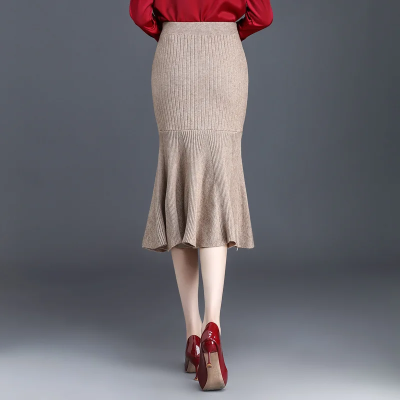 faldas mujer moda 2019 skirts womens autumn winter knit high waist pleated long skirt wool fishtail gothic female jupe femme | Женская