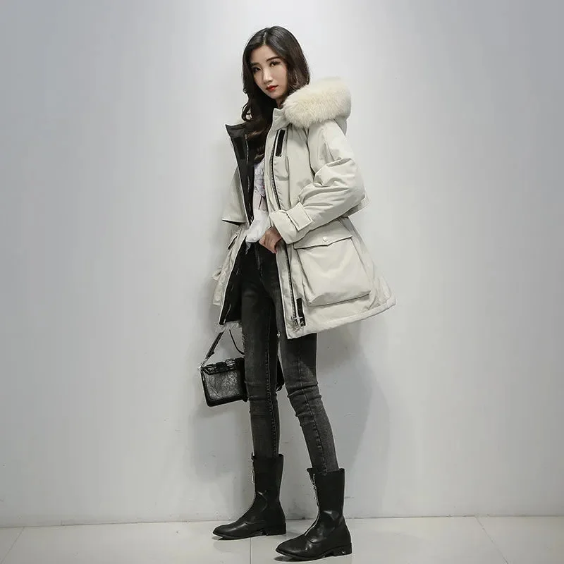 Pai Overcome Women Mid-length Korean Version Of The 2021 New Down Padded Jacket Women Loose Thick Large Fur Collar Padded Jacket