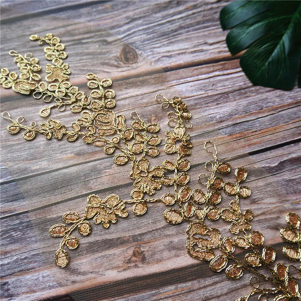 Золотая вышитая Цветочная аппликация кружевная ткань отделка воротника