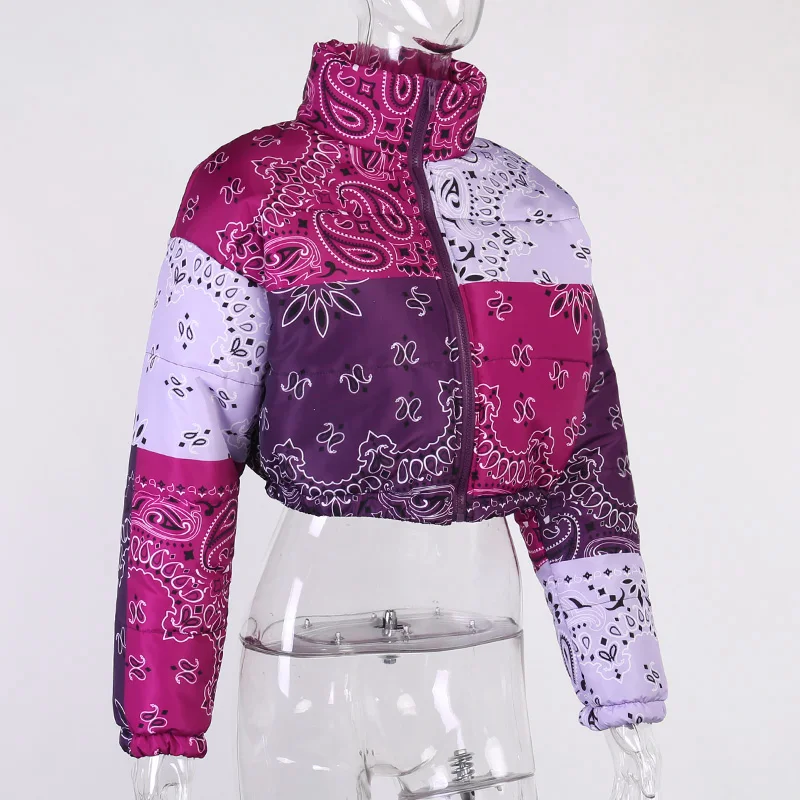 women Bandana Print Cropped Puffer Jacket for Women Winter Coat Fashion Clothing Orange Warm Parkas Outwear Zip Up Bubble Coat