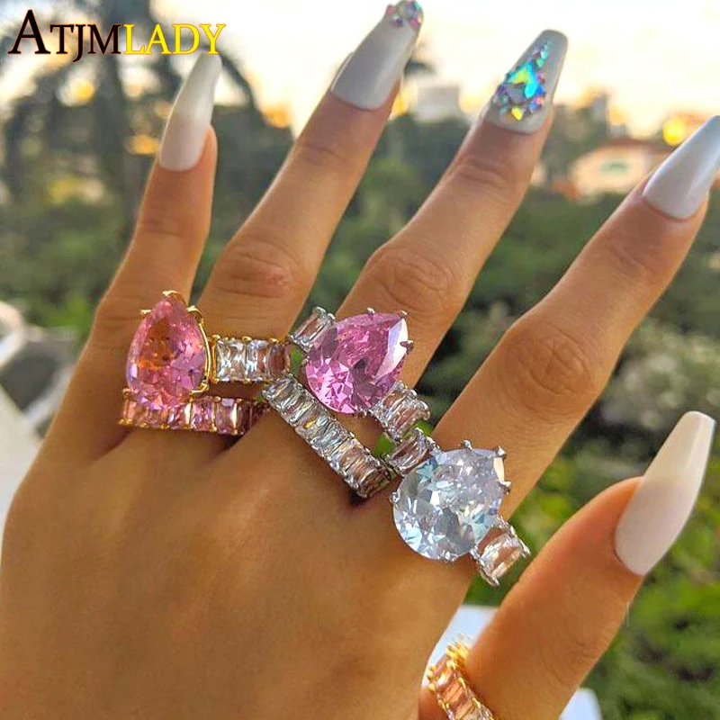 

Bling big pink pear shape cubic zirconia paved Rose gold Color pricess cut full cz band wedding engagment ring for women