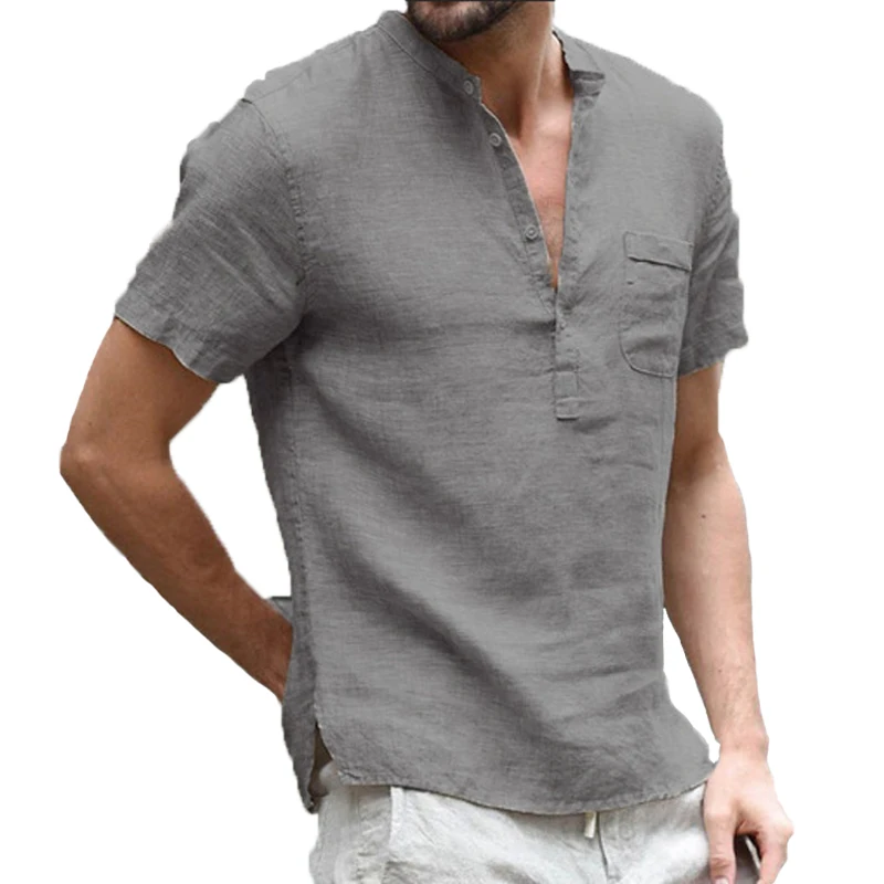 New Cotton Linen Casual Shirts for Men Basic Classic White Shirt   Male Short Sleeve Stand Collar Breathable Men's Shirts