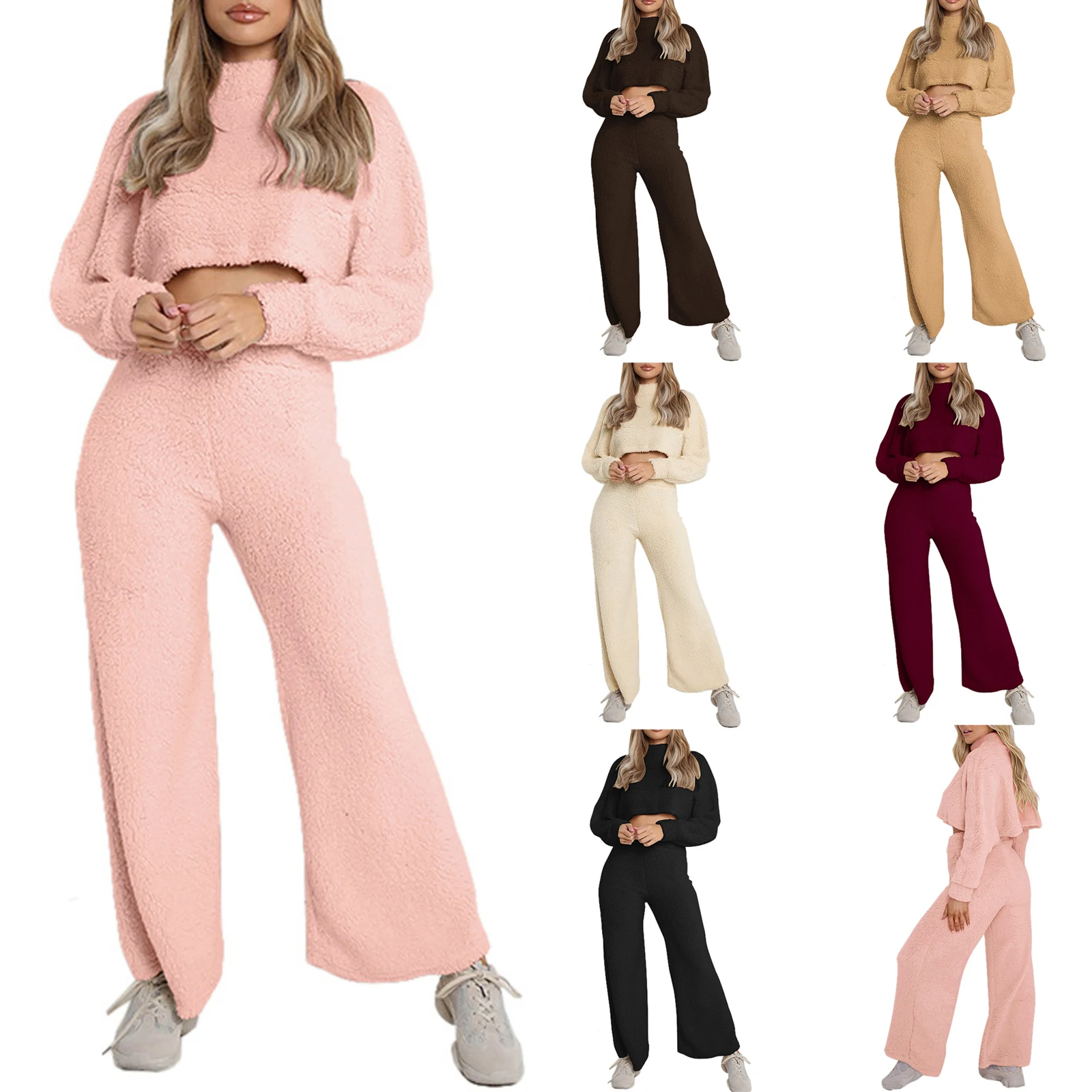 

2 Pieces Female Suit Set Solid Color Mock Neck Long Sleeve Crop Tops+ Long Pants for Fall Winter S/M/L/XL