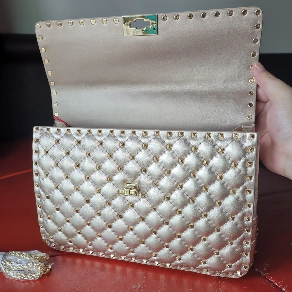 

Women Genuine Leather Handbag Fashion Luxury Shoulder Bag Chain Rivet Crossbody Bag Brand Designer Lady Flap