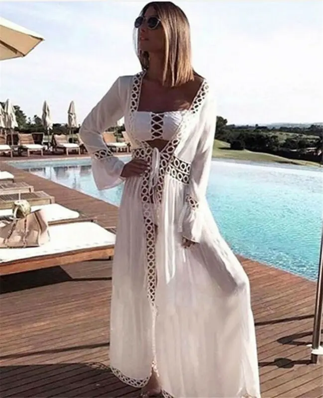 Женское хлопковое кимоно пляжный кардиган накидка на бикини длинная парео