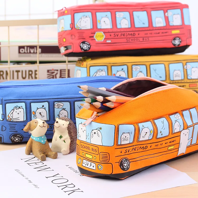 

New Creative Multifunctional Bus Canvas Pencil Case High Capacity Kawaii School Supplies Pencil Box Pencilcase Korean Stationery