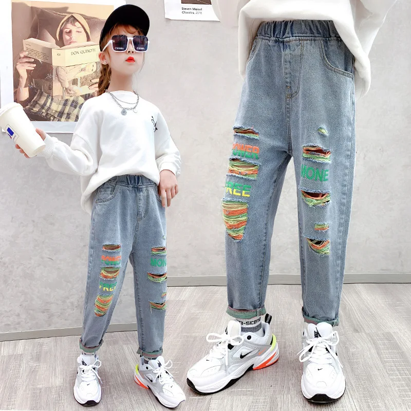 

Girls Jeans for Kids 2021Spring New Jeans with Holes Teenager School Girls Ripped Jeans Pants Children 8 10 12 13 Years Trousers