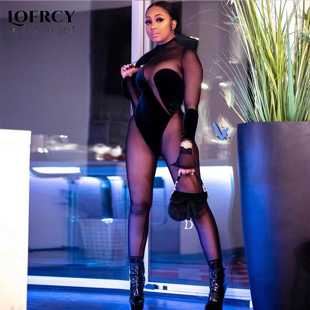 

Lofrcy Mesh Jumpsuit for Women Bodycon Party Patchwork Long Sleeve See Through Sexy Party Clubwear Jumpsuit