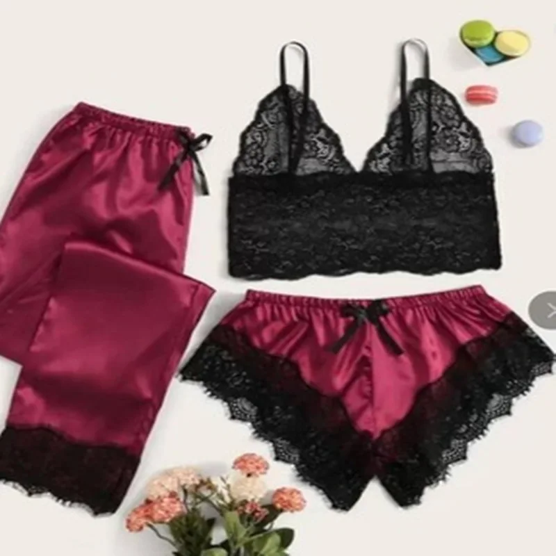 

Women's Sexy Pajamas Three-piece Stretch Sexy Seductive Lace Transparent