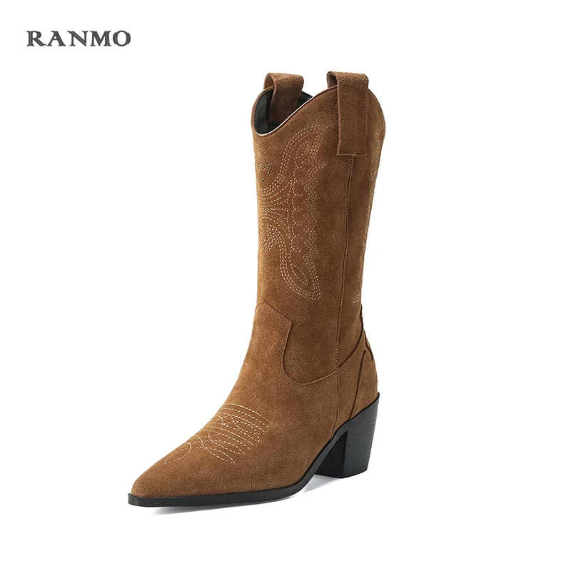Retro Western Cowboy Boots for Women Pointed Toe Women's Shoes Brand Embossing Suede Leather Shoes Mid-calf Chunky Wedges Boot