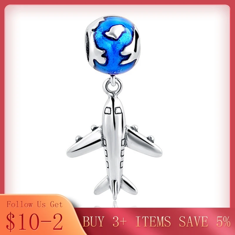 CodeMonkey Travel Mini Airplane Earth Charms Beads Fit оригинальный браслет 100% Настоящее серебро 925 пробы