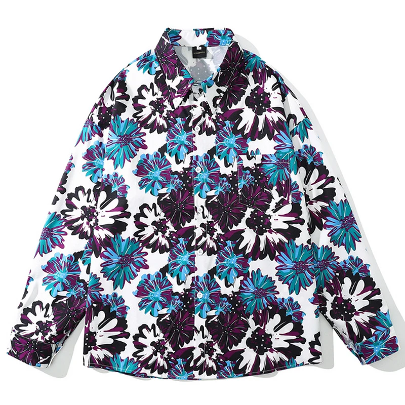 

Male Harajuku Button Shirts Streetwear Fall Long Sleeve Oversize Blouse camisa masculina Men's Floral Print Hawaii Beach Shirts