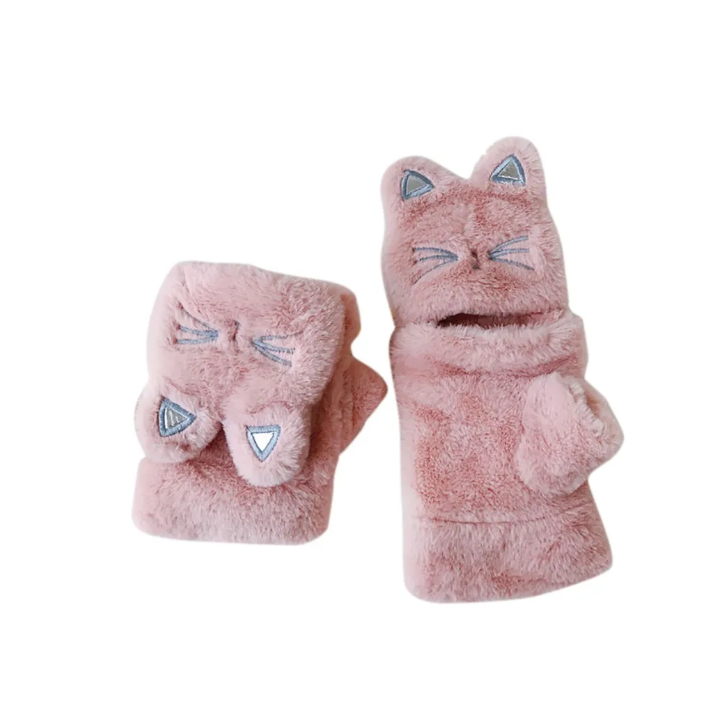 Pink Милые кошачьи перчатки женские полупальчиковые утепленные плюшевые перчатки Rekawiczki Damskie милые животные перчатки для женщин девочек - Цвет: Pink