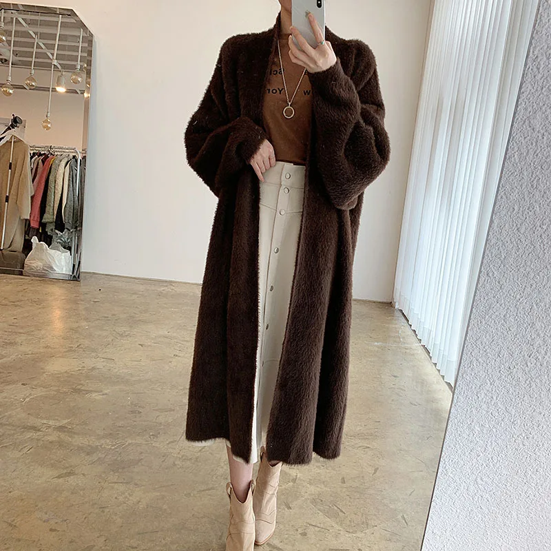 2021 Autumn Winter New Women'S Faux Mink Cardigan Jacket One-Piece Korean Elegant Loose Long-Sleeved Midi Warm Cardigan Jackets