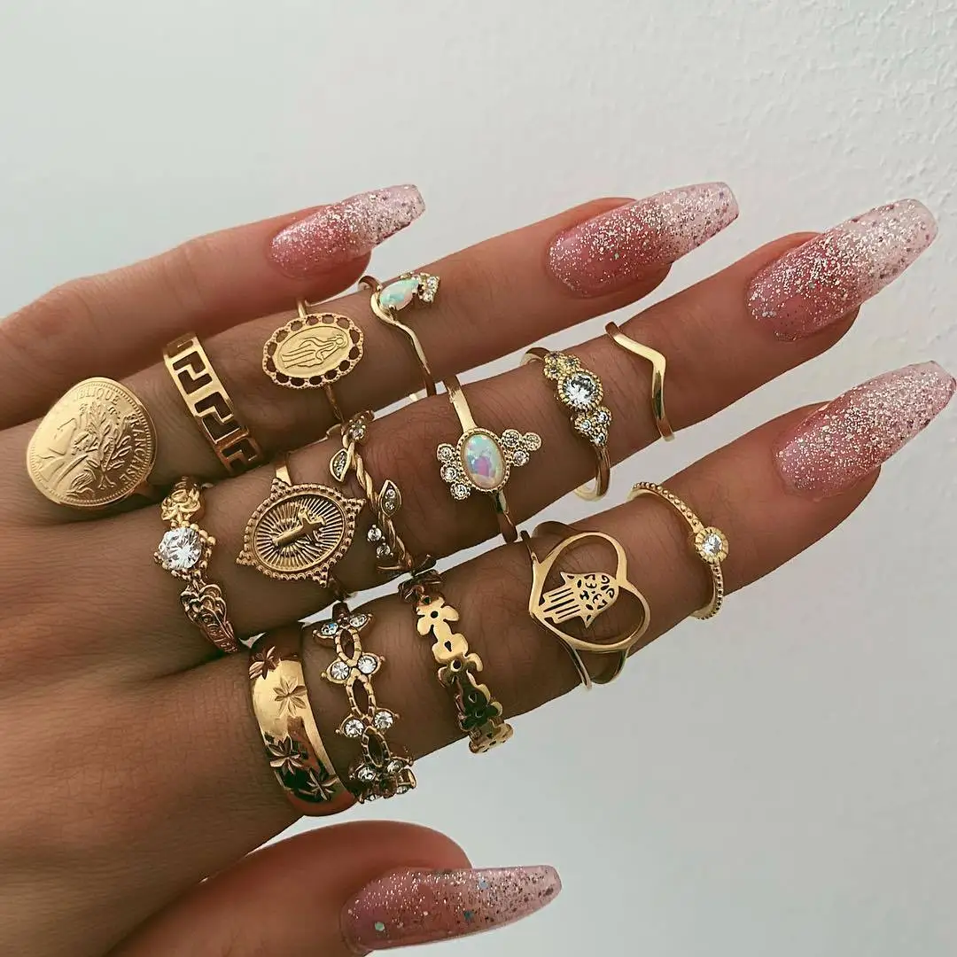 

Retro Beauty Head Portrait Gold Coin Cross Pattern Love Fatima Palm Ring Set Ring Set