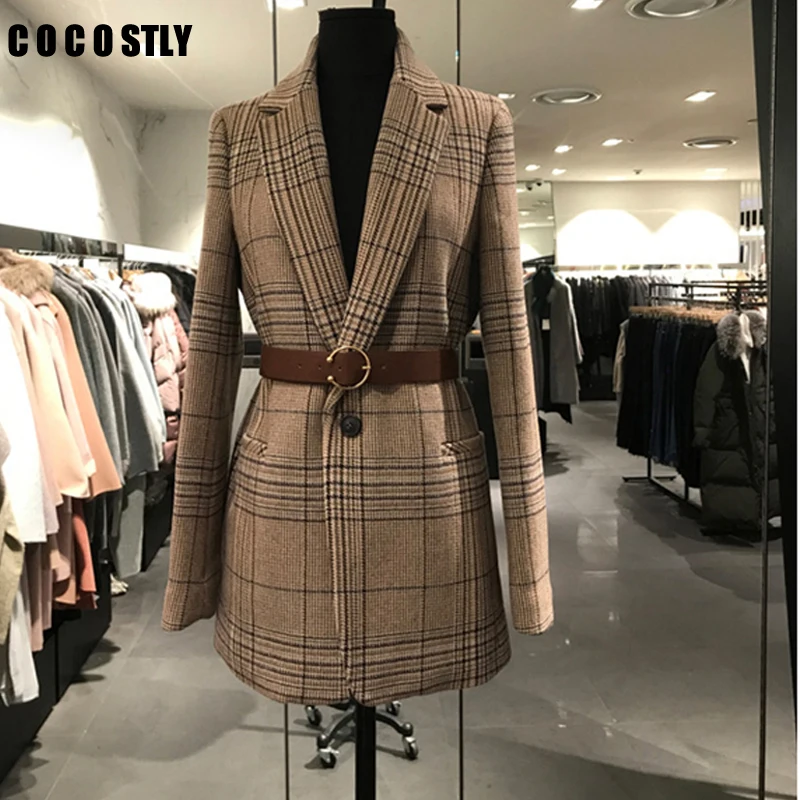 Новинка 2020 корейский весенне осенний клетчатый блейзер с поясом винтажный