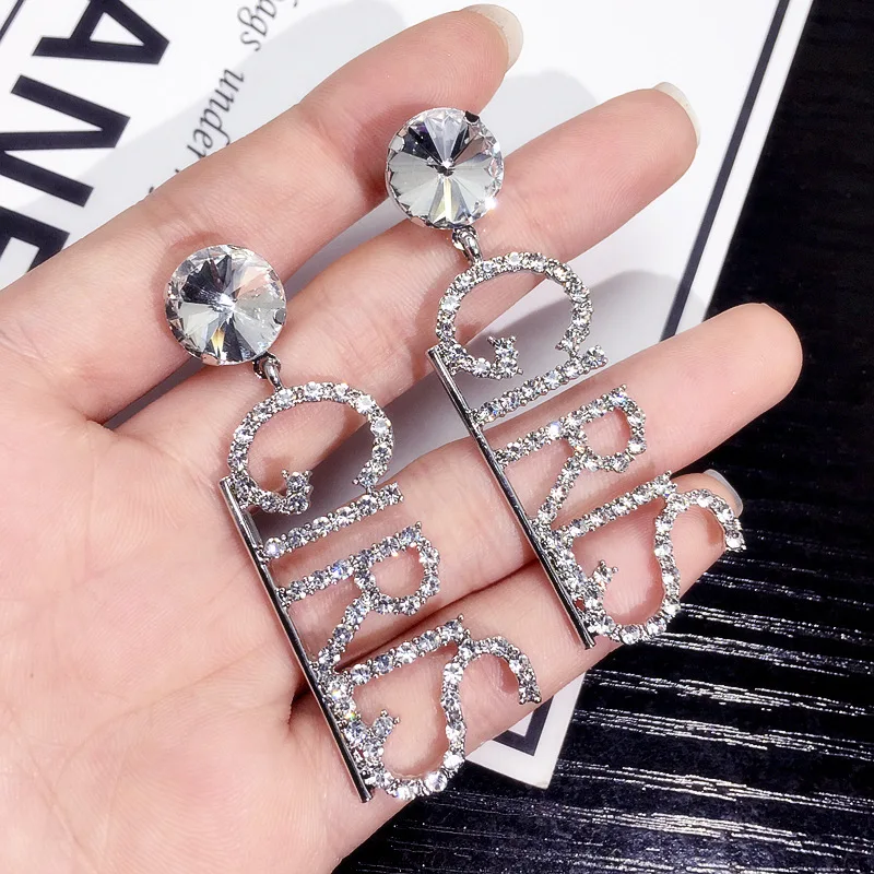 Silver Модные серьги для девочек с буквенным принтом, стразы, модные женские серьги для ночного клуба - Окраска металла: Silver
