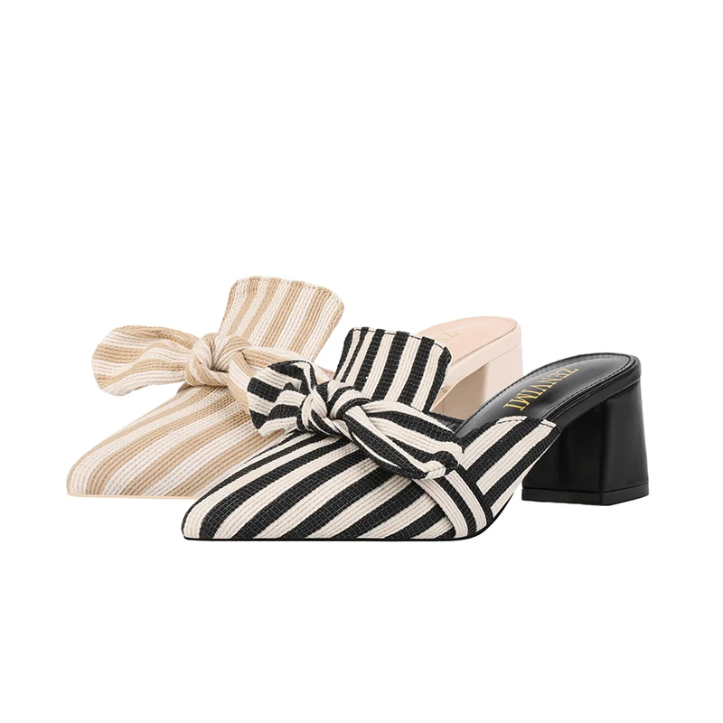 2023 Sandals Women Fashion Luxury Designers Black White Striped Butterfly Knot Pointed Slipper Slides Low Heels Woman Shoes