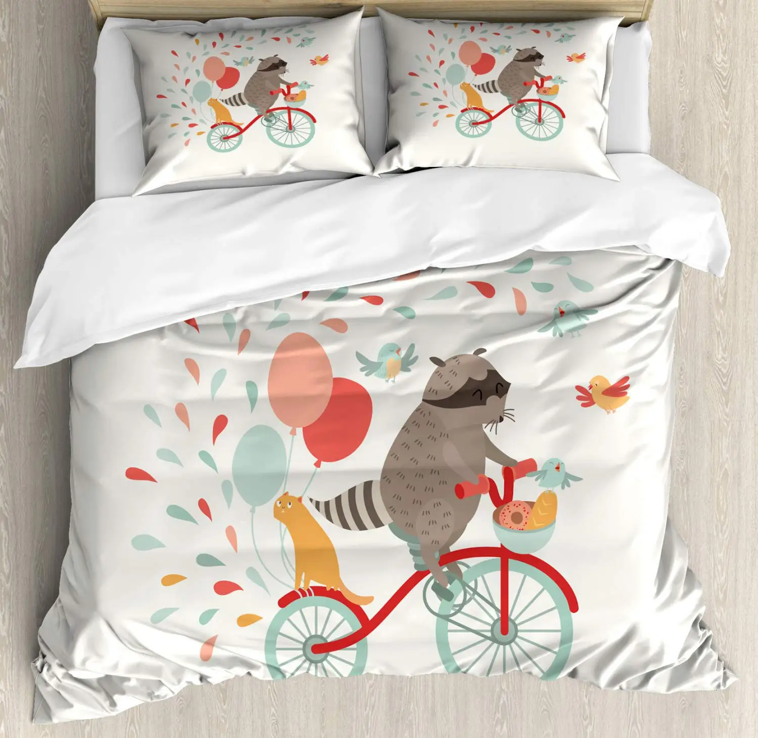 Детский комплект пододеяльников с рисунком енота для езды на велосипеде шарами кошки и птицами каплевидном