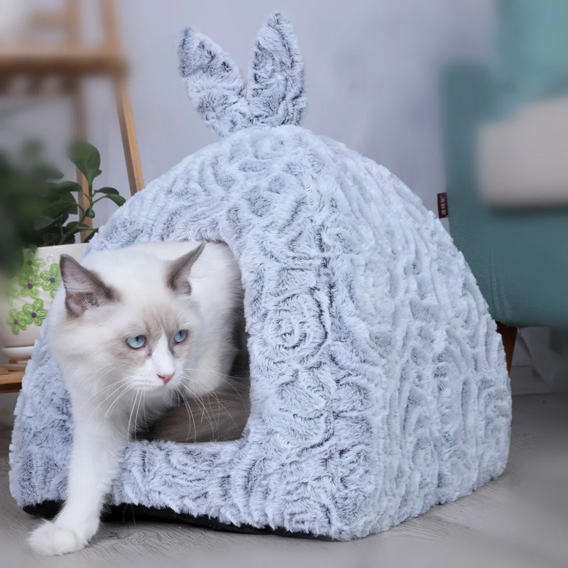 Brand New Cat Warm Cave Lovely Bow Design Puppy Winter Bed House Kennel Fleece Cats House for cat Soft Nest For Small Medium Pet