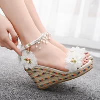 crystal queen 9cm peep toe platform wedges high heel sandals white flower wedges sandals platform sandals shoes plus size 33 42