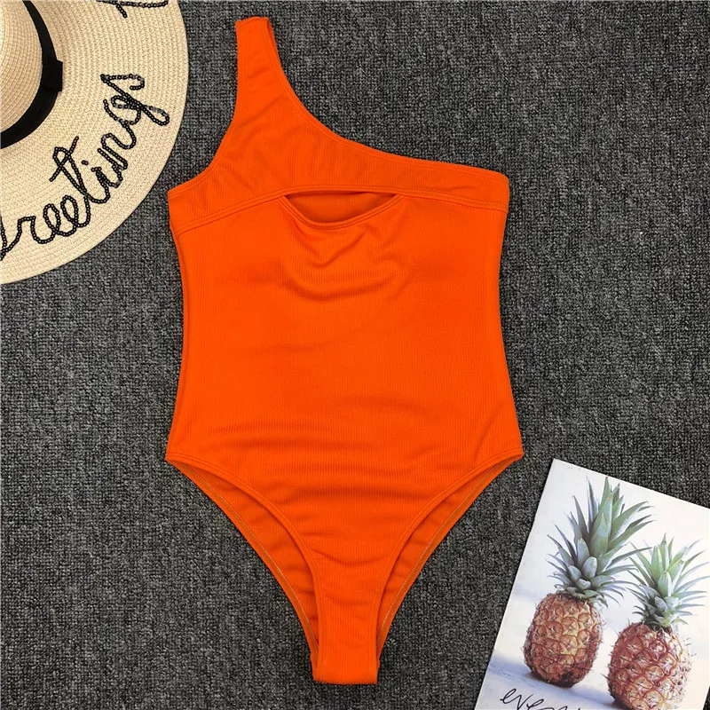

Vintage One Shoulder Bodysuit Women Hollow Out One Piece Swimsuit Female Ribbed Swimwear Woman Sexy Orange Swimsuit Bathers