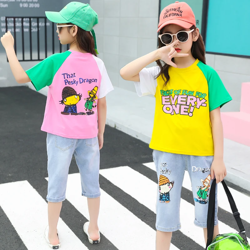 Джинсовые шорты и футболка для девочек комплект из двух предметов | Детская