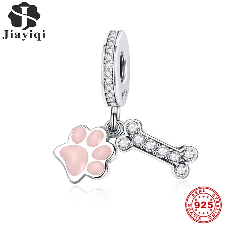 Jiayiqi S925 розовый принт лапы кость 925 пробы серебро CZ амулеты бусины подходят для