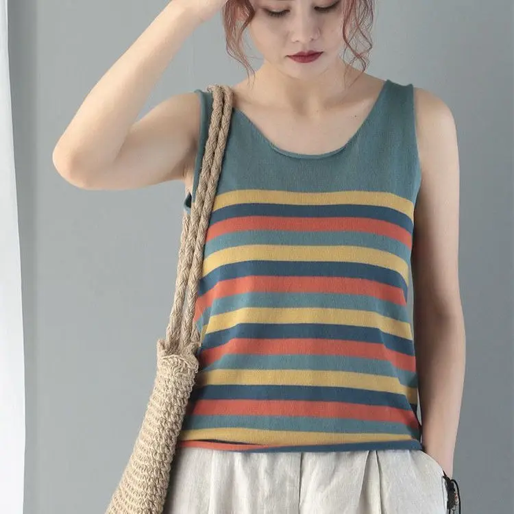 

Summer vest women's stripe loose 2021 new ice silk sleeveless suspender T-shirt