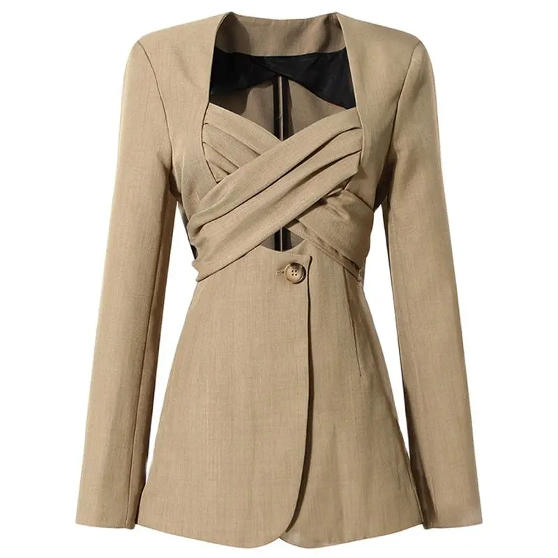 

Women Khaki Bow Cross Bandage Blazer New V-neck Long Sleeve Loose Fit Jacket Fashion Tide Spring Autumn 2021 1DD3607
