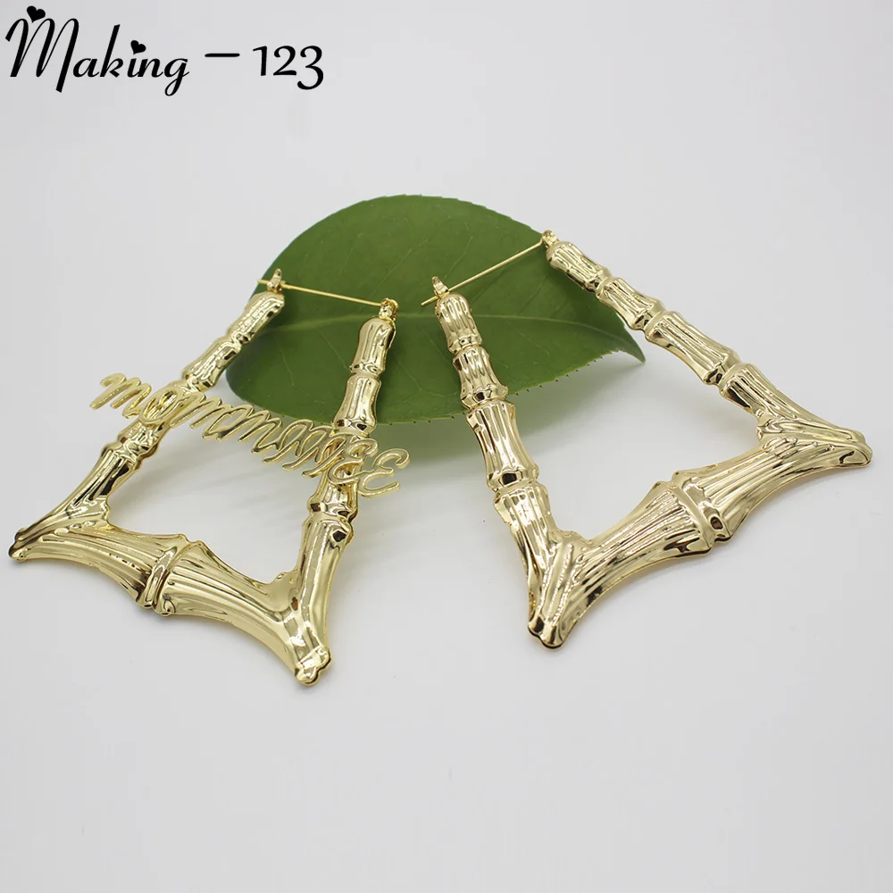 Making-123 50MM-70MM Triangle Bamboo Earrings Custom Hoop Bamboo Name Earrings Fashion Big Personalised Name Earrings women Gift