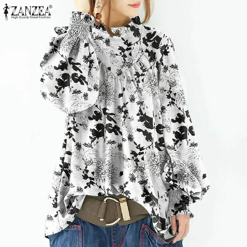 

Модная женская винтажная рубашка ZANZEA с цветочным принтом, Повседневная Блузка с длинными пышными рукавами и оборками, Осенние плиссированн...