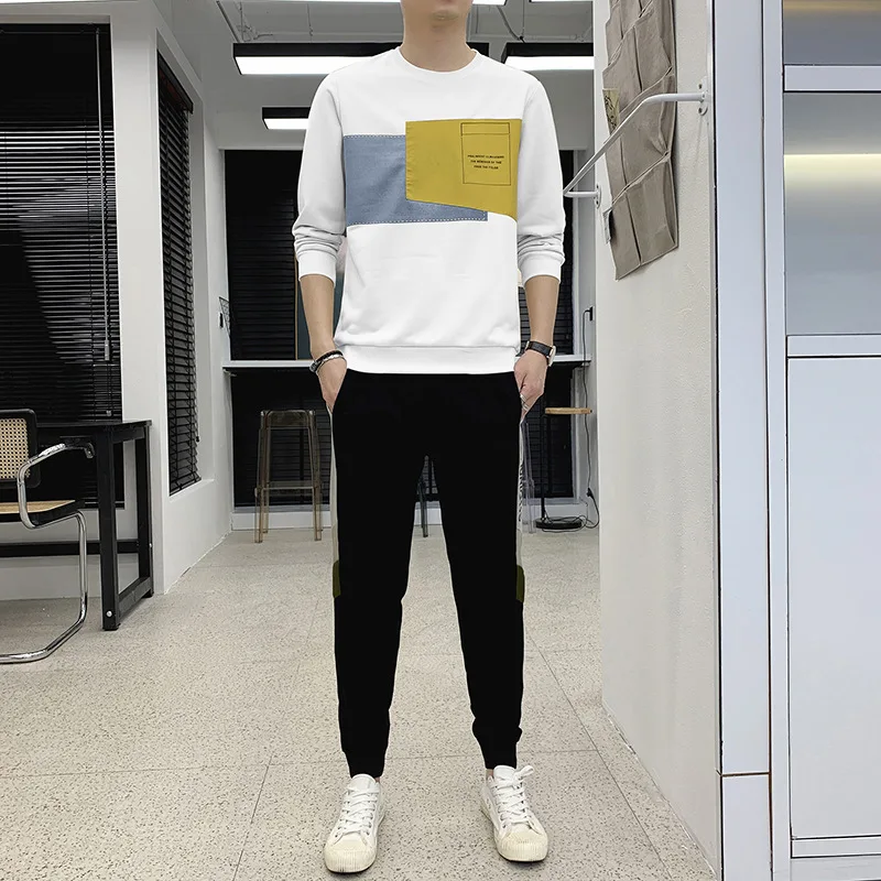 

2021 spring new men's leisure youth sweater sports suit men's trend handsome two piece set
