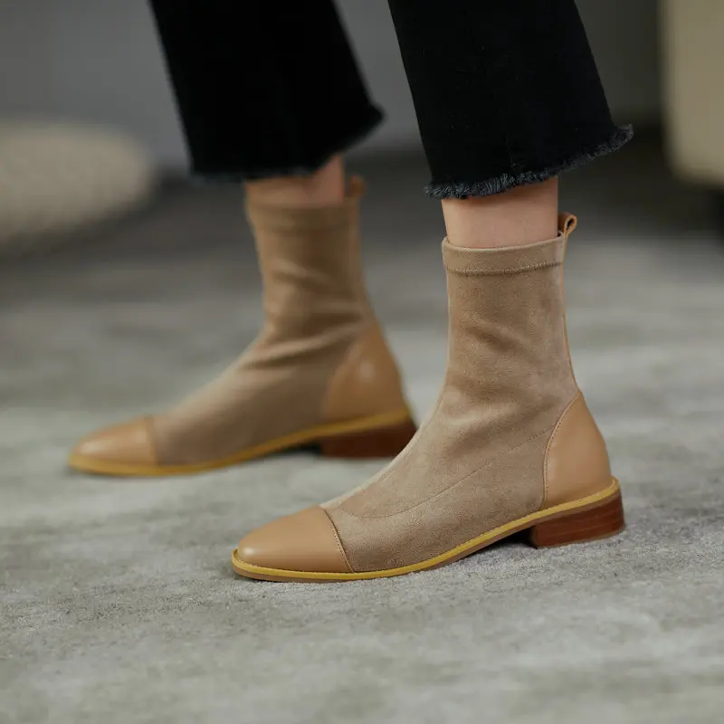 

Sweet Female Chelsea Boots Women Genuine Leather Square Heels Women Warm Socks Ankle Boots Dancing Party Shoes Woman