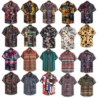 2021 new summer fashion casual mens printed linen standing collar single breasted slim style short sleeve mens shirts