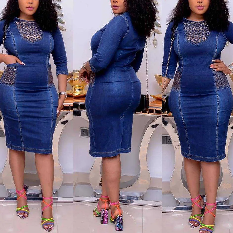 

Платье женское средней длины в африканском стиле, модная облегающая Одежда Из синих джинсов в офисном стиле, элегантная Деловая одежда для ...